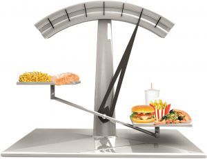 Imbalanced food scale with unhealthy fast food outweighing healthy options, symbolizing omega 6 to 3 imbalance