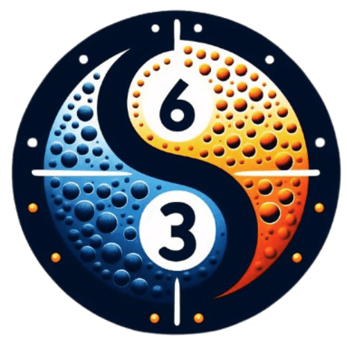 Omegabalance63.com logo showing a yin-yang with a cross-hair and the numbers 6 and 3 for targeting the omega 6:3 ratio. The number 3 is in the blue representing the sea and fish-oil and the number 6 in the yellow representing seed oils.