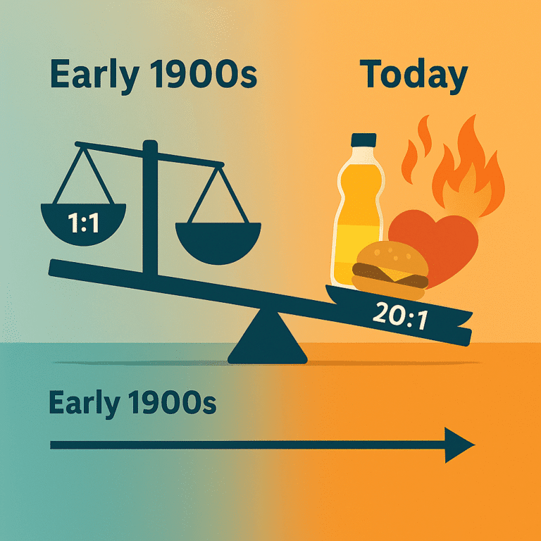 Timeline showing Omega-6 : Omega-3 ratio rising from 1 : 1 in 1900 to 20 : 1 in 2020