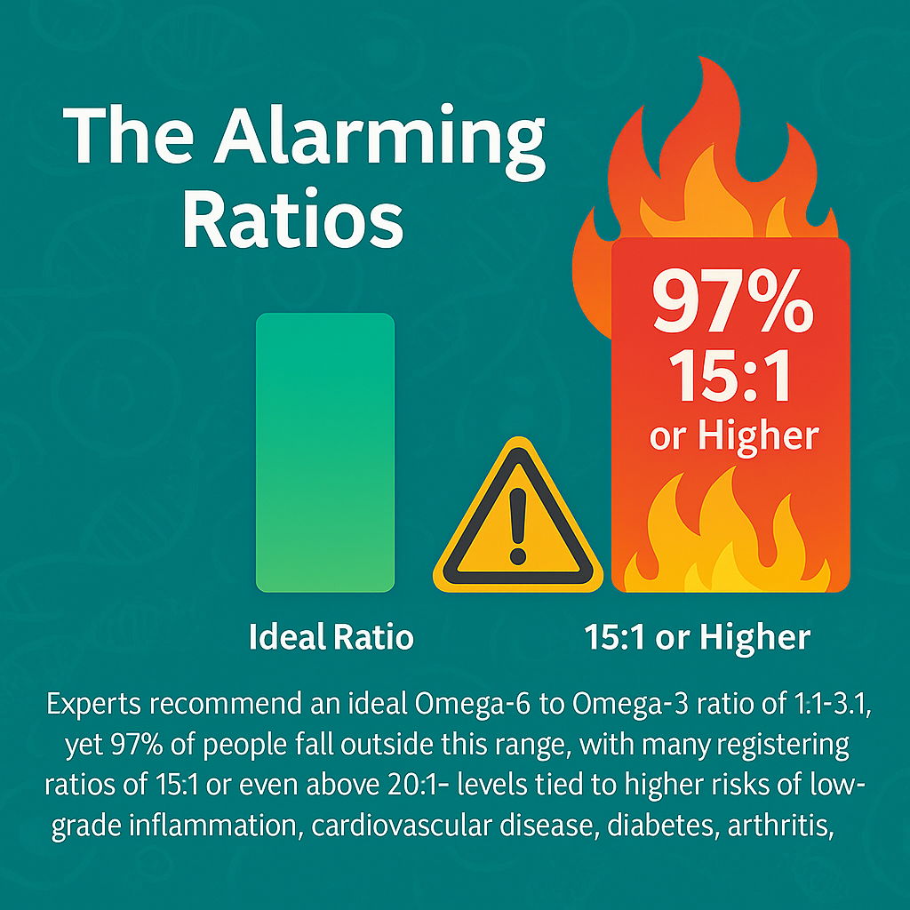 Infographic showing two bars: a green bar representing the ideal Omega-6 : Omega-3 ratio of 1 : 1–3 : 1, and a taller red bar (with flames and a warning icon) showing that 97 % of people have ratios of 15 : 1 or higher, linked to inflammation and chronic disease.