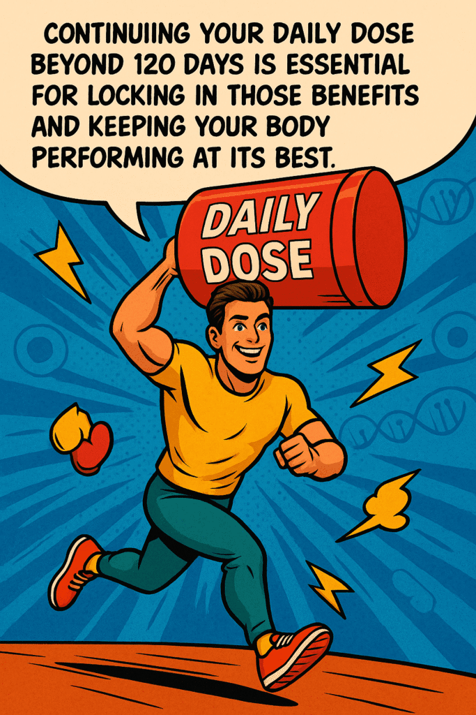 Comic-style illustration of a fit person running with a large ‘Daily Dose’ bottle, bold text about continuing the daily supplement beyond 120 days, with subtle DNA and cell icons in the background.