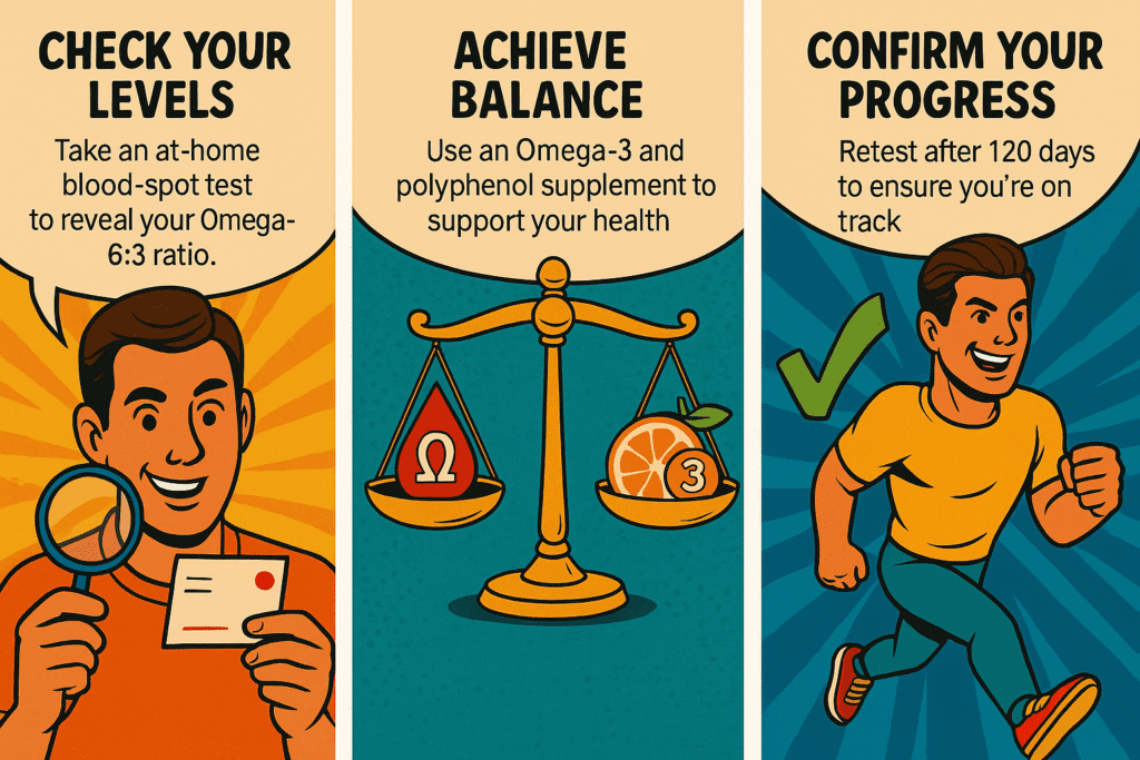 Comic-style illustration showing three steps to improve Omega-3 balance: blood-spot test, supplement with Omega-3 and polyphenols, and retest after 120 days.