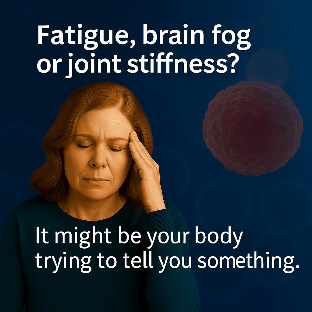 Woman with symptoms of inflammation such as fatigue and brain fog, next to a dimmed inflamed cell, with text 'It might be your body trying to tell you something'.