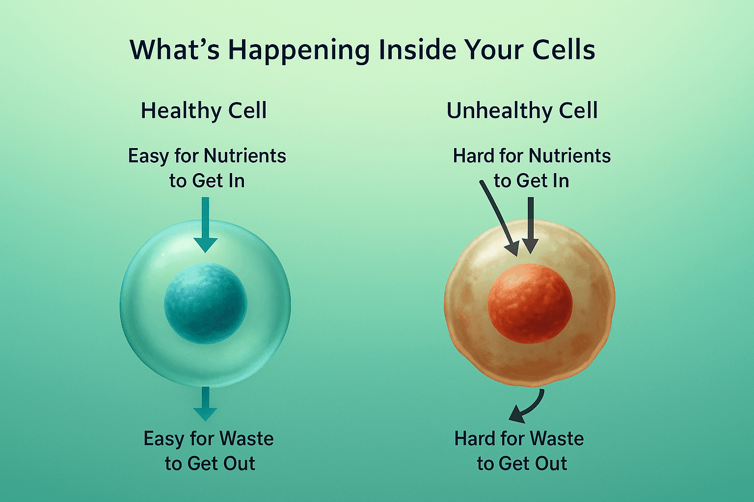 Scientific illustration comparing a healthy cell and an unhealthy cell