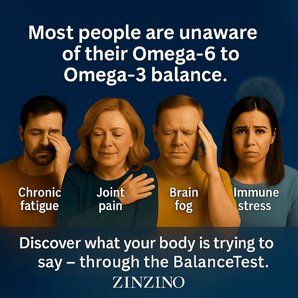 Four adults showing signs of chronic fatigue, joint pain, brain fog, and immune stress, with a soft realistic inflamed cell centered in the background and clear symptom text overlay.