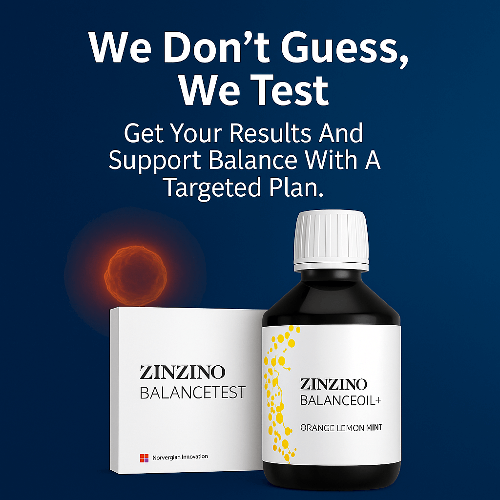 Zinzino BalanceOil and BalanceTest with the slogan 'We don’t guess, we test' on a dark blue background
