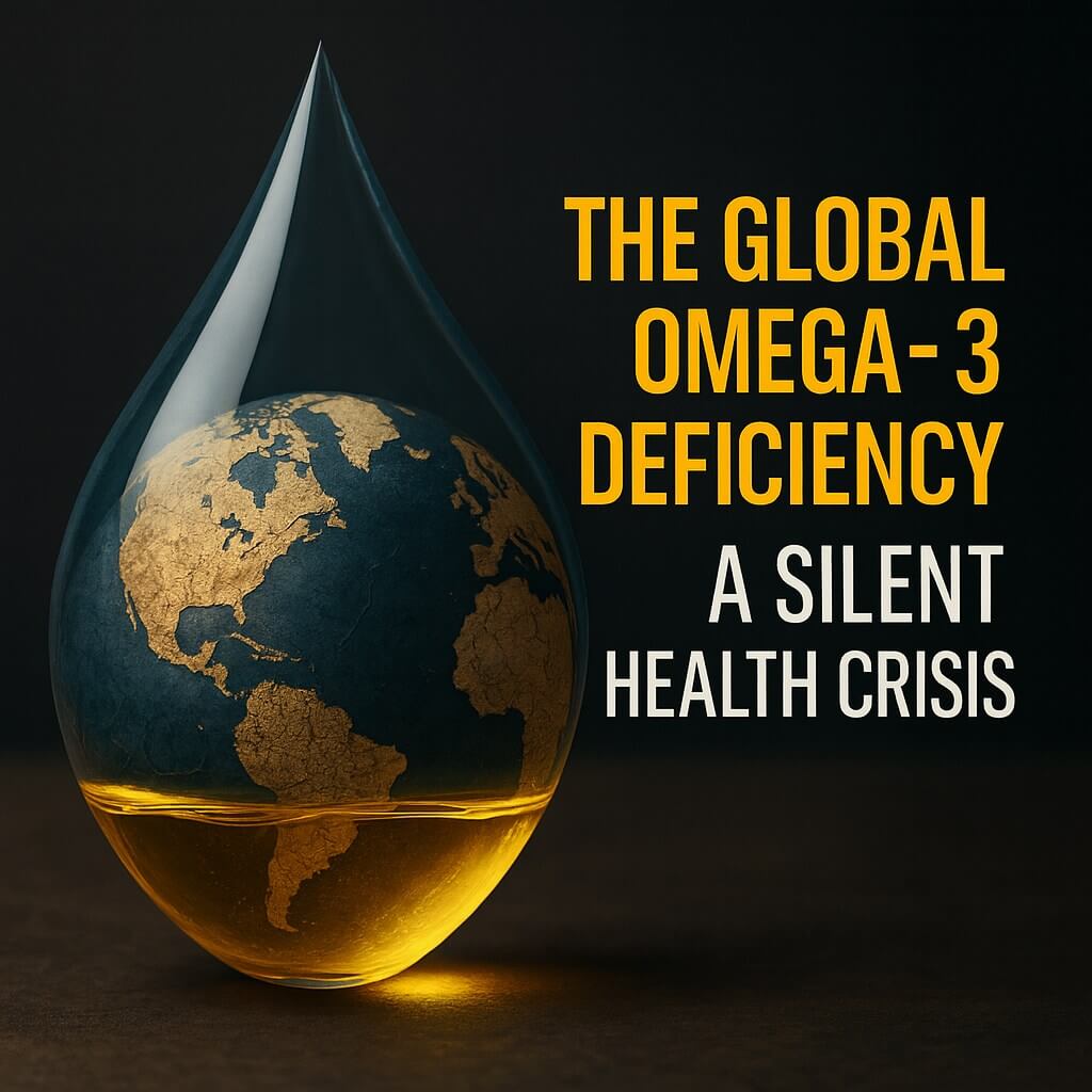 A photorealistic omega-3 droplet containing a cracked Earth, partially submerged in golden fish oil, symbolizing global omega-3 deficiency and its silent health consequences.