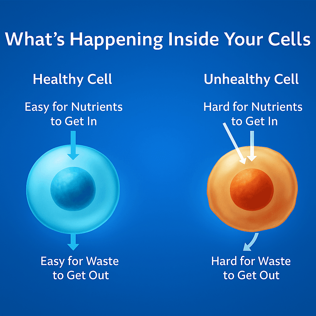 Healthy vs unhealthy cell comparison showing how omega balance affects nutrient and waste flow