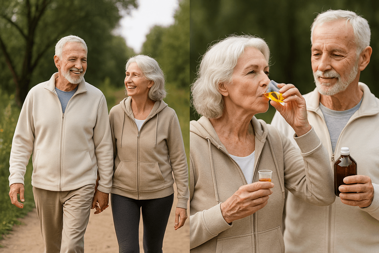 Healthy senior adults enjoying nature and maintaining daily wellness routine with omega balance oil
