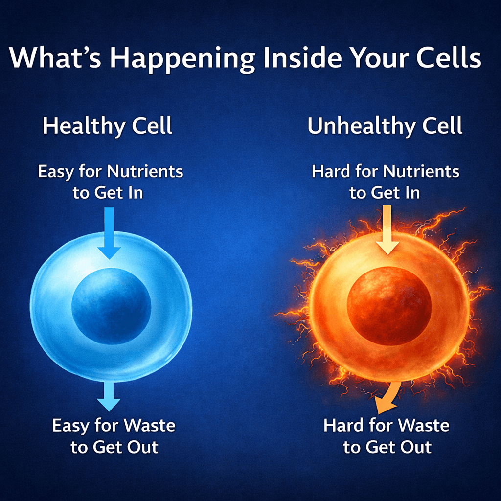 Healthy vs unhealthy cell comparison showing how omega balance affects nutrient and waste flow