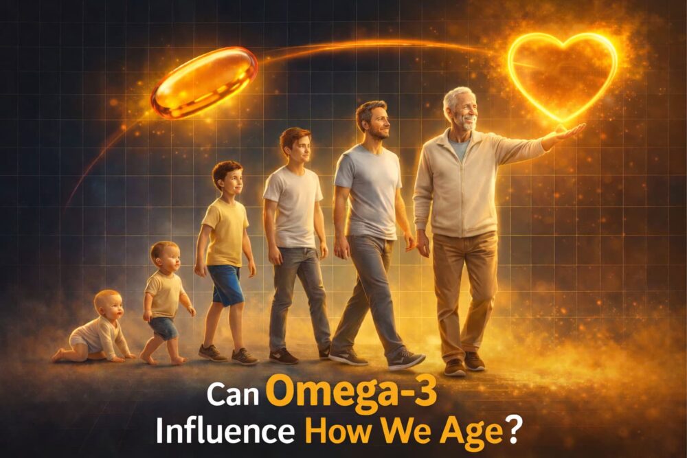 Illustration showing human aging from childhood to old age with a glowing heart symbol, exploring how omega-3 may influence how we age.