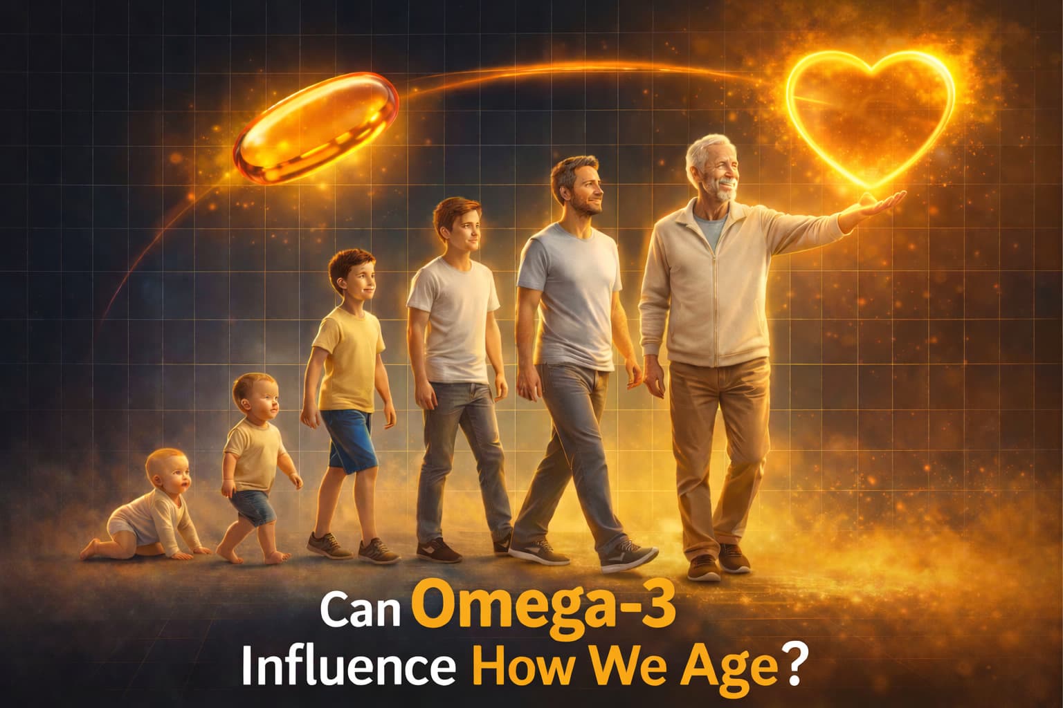 Illustration showing human aging from childhood to old age with a glowing heart, exploring how omega-3 may influence how we age